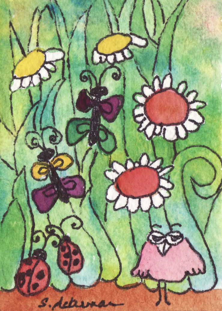Bugs, Buds & Bird, Sherry Ackerman, watercolor 