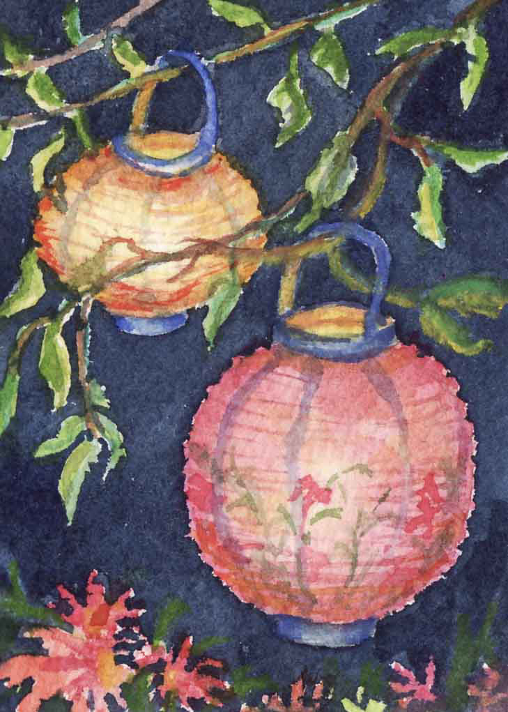 Garden Lanterns, Beth White, watercolor, SOLD