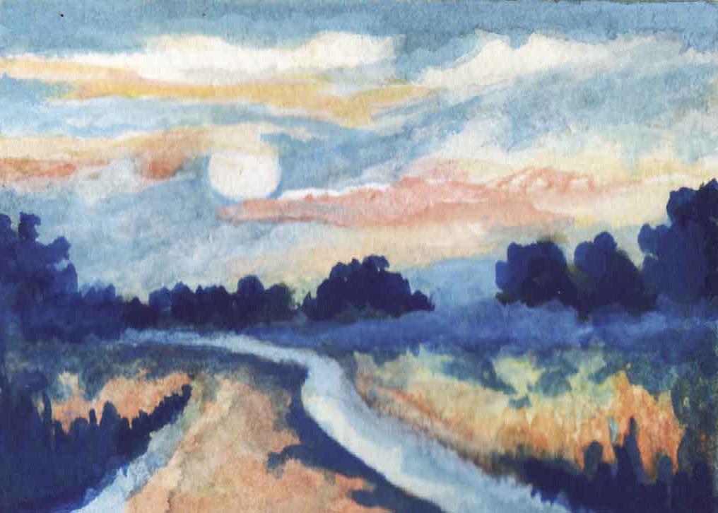 Sunset in Blue & Orange, Mary Ann Inman, watercolor, SOLD